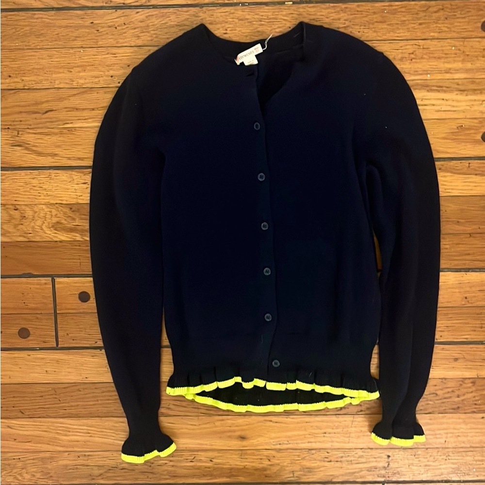 JCREW Navy Cardigan with Yellow Ruffle Trim